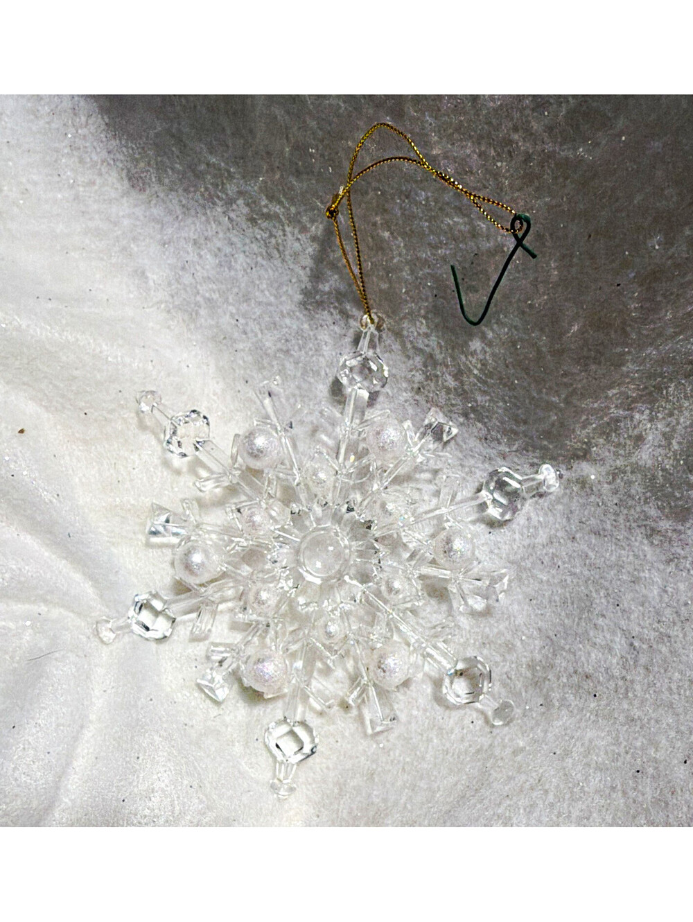Clear Snowflake Hanging Plastic Christmas Ornament w/ White Beads & String